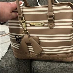 Betsey Johnson Tan and White Satchel with Gold Accents